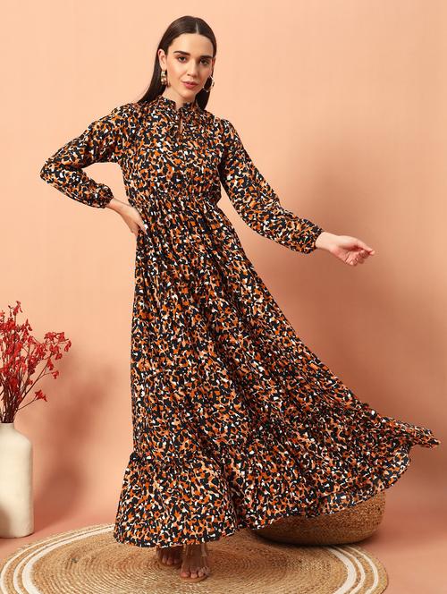 women animal print puff sleeve tiered maxi dress - 21983227 - Standard Image - 0