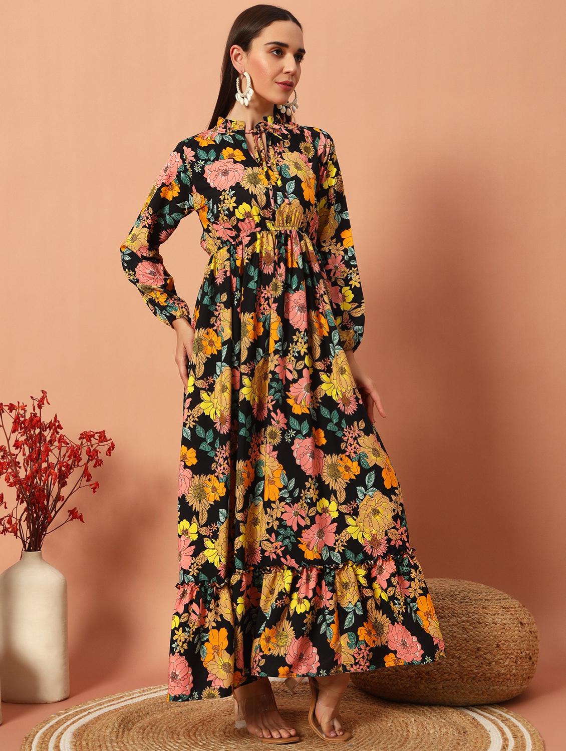 floral print tie-up neck georgette party gown - 21983228 - Zoom Image - 0