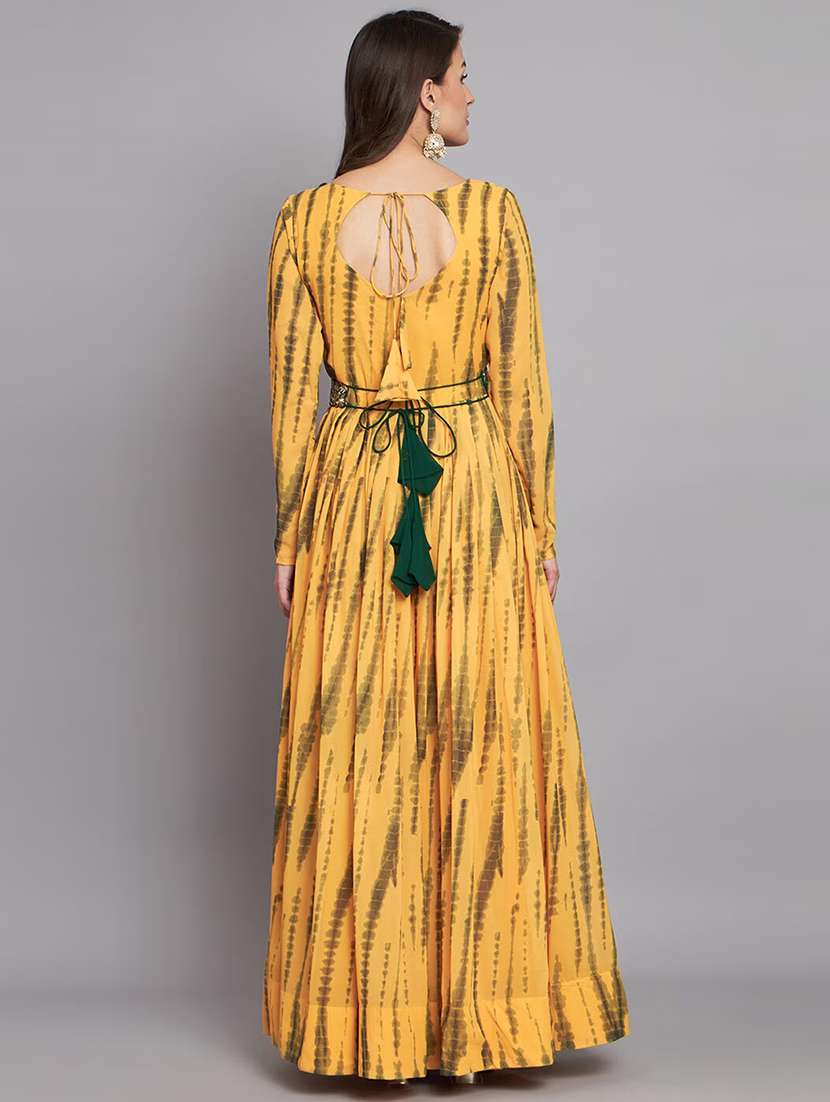 women tie & dye long sleeve fit & flare gown with waist belt - 21983244 - Standard Image - 2
