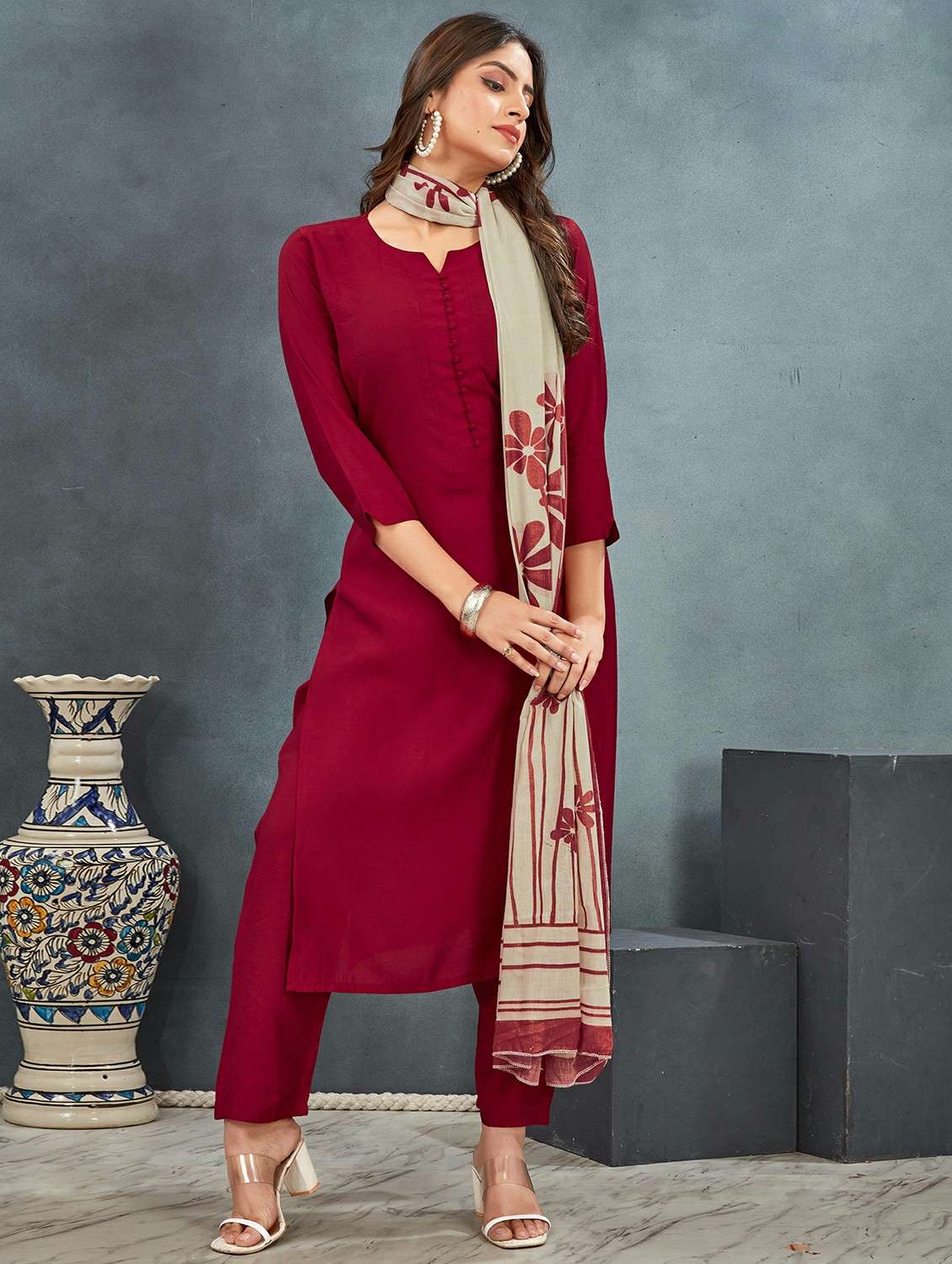 women three quarter sleeve kurta pant with dupatta set - 21983312 -  Standard Image - 2