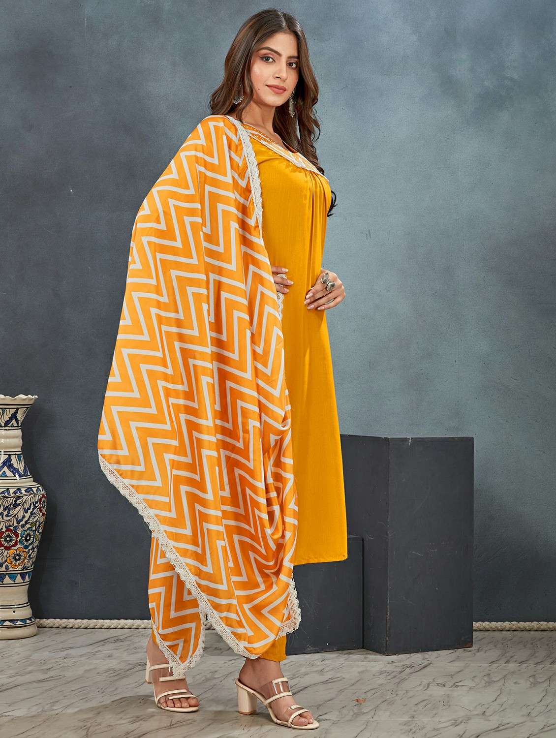 women three quarter sleeve kurta pant with dupatta set - 21983316 -  Standard Image - 2