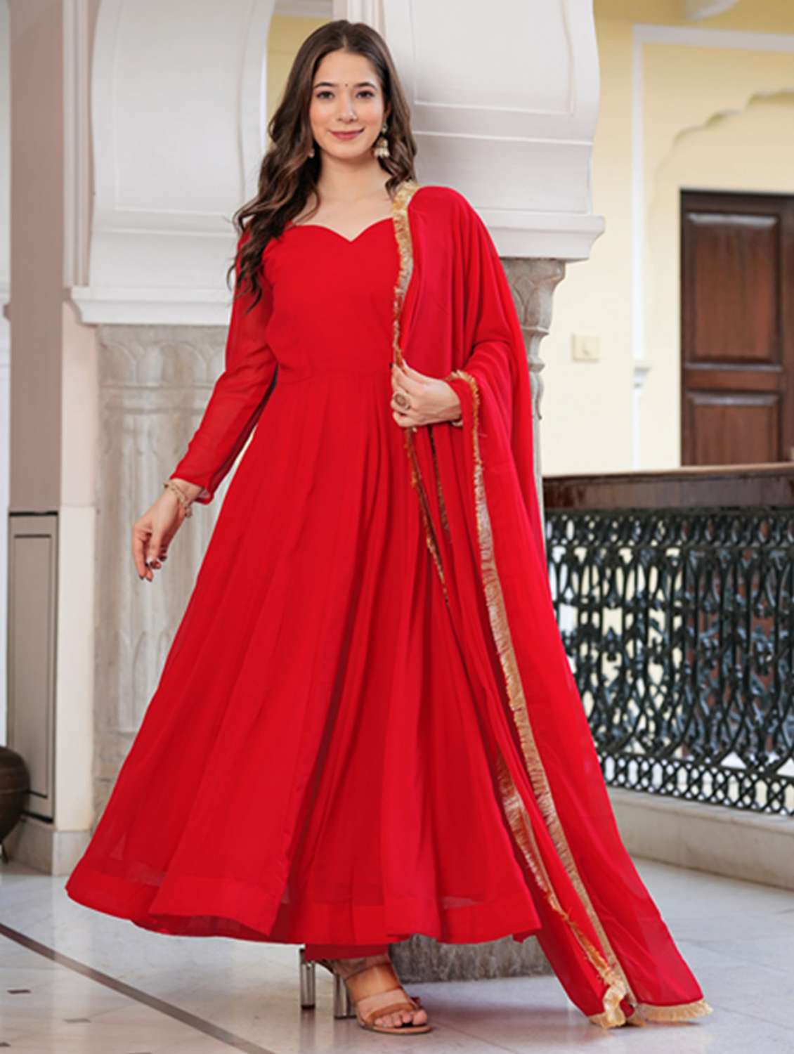 women long sleeve anarkali kurta pant with dupatta set - 21983320 - Standard Image - 2