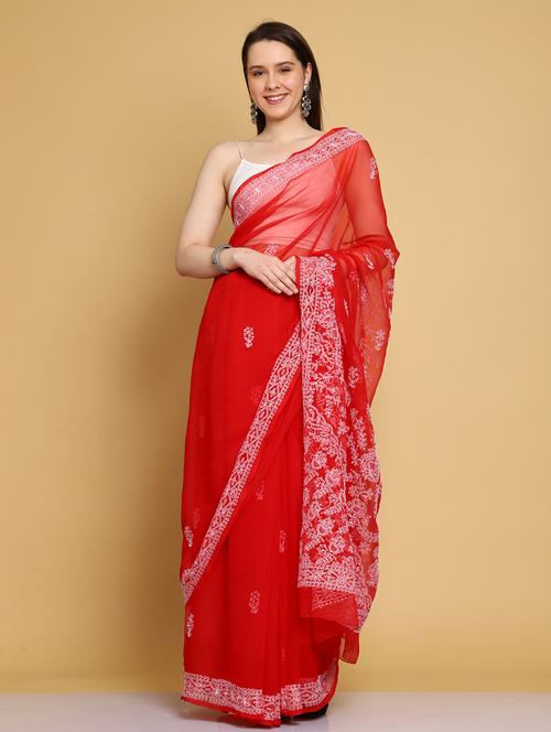 women solid with work chikankari saree with blouse - 21983322 -  Standard Image - 0