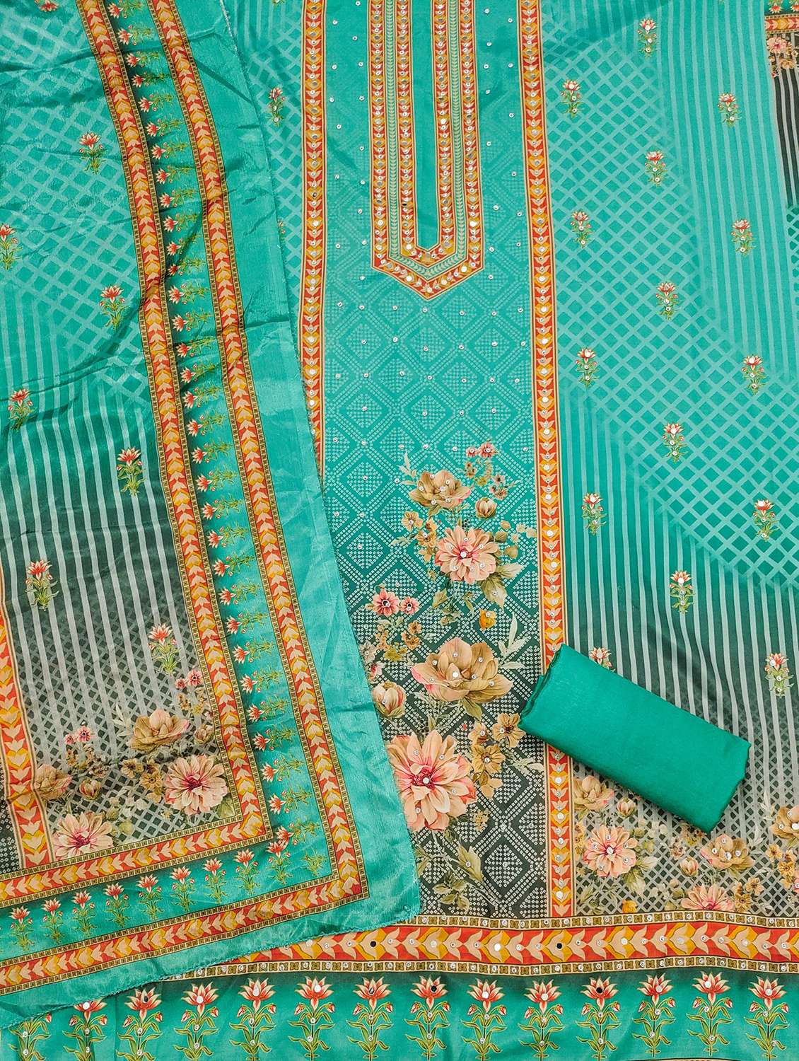 women printed embellished unstitched suit set - 21983366 -  Standard Image - 2