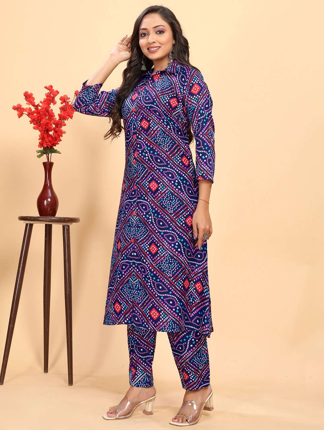 women bandhani printed three quarter sleeve kurta pant set - 21983402 - Standard Image - 2