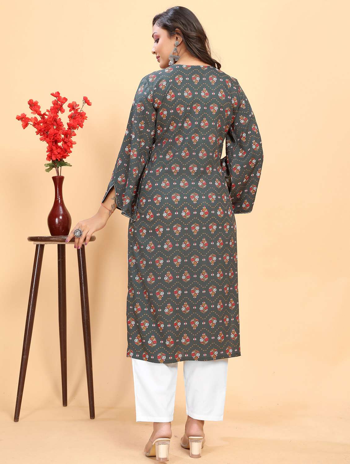 women printed three quarter sleeve kurta pant set - 21983413 -  Standard Image - 2