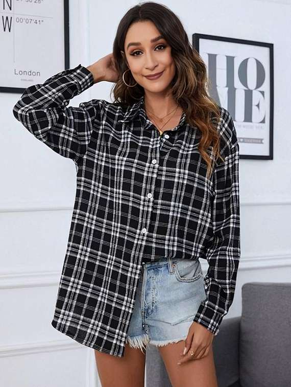 women black checkered collared regular fit shirt