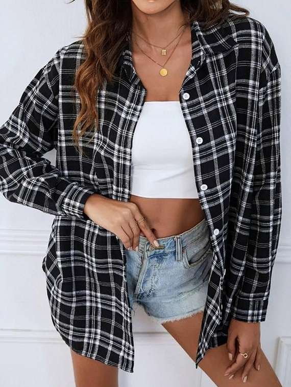 women black checkered collared regular fit shirt - 21983439 -  Standard Image - 2
