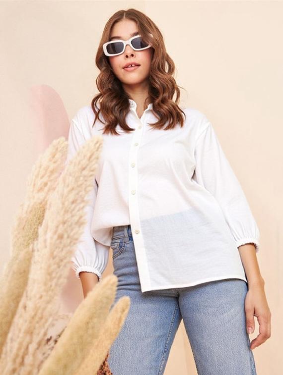 women white solid mandarin collar relaxed fit shirt - 21983453 - Zoom Image - 0