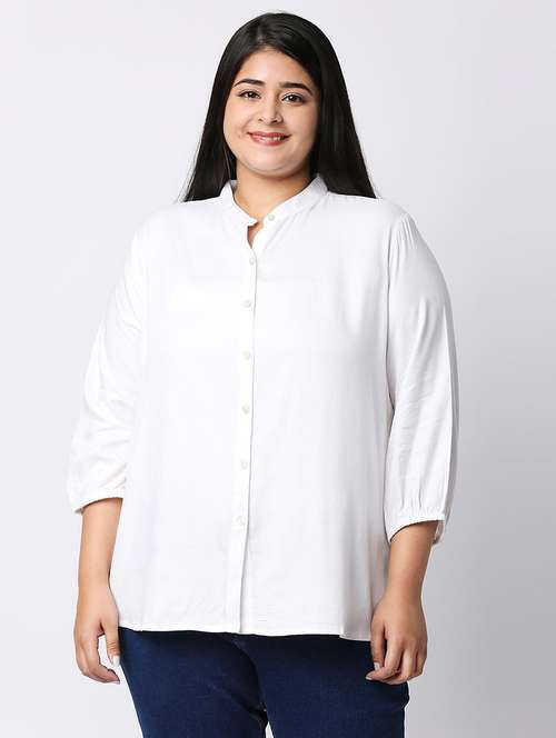 women plus size white solid mandarin collar shirt - 21983455 - Standard Image - 0
