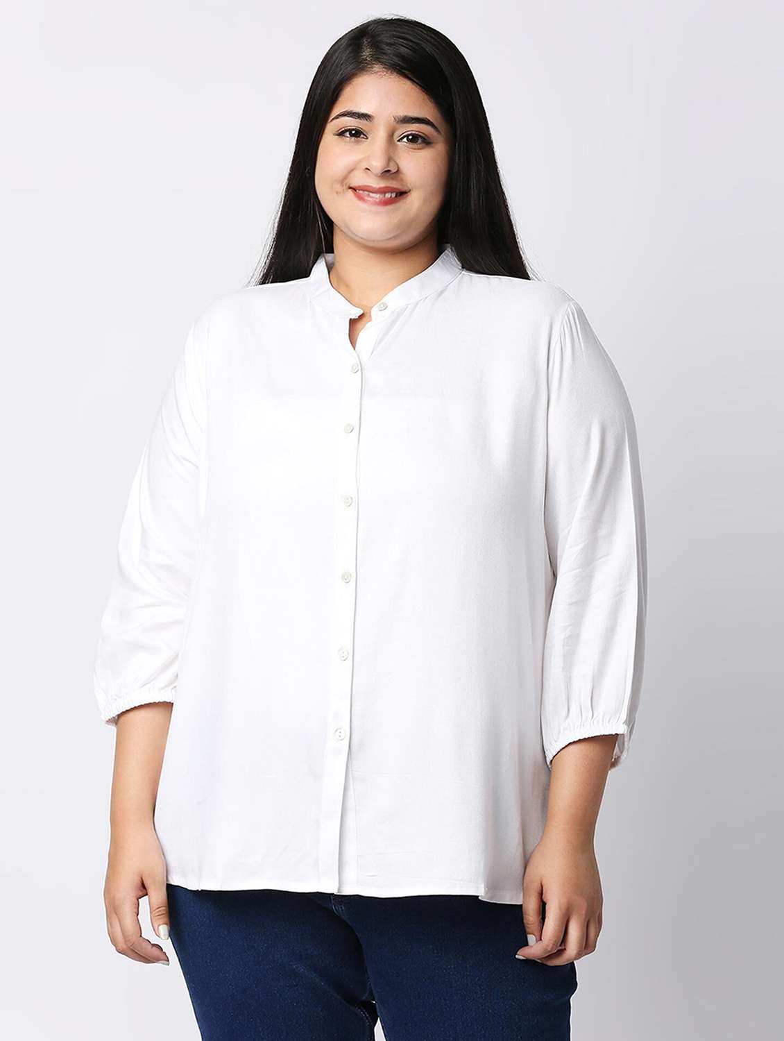 women plus size white solid mandarin collar shirt - 21983455 - Zoom Image - 0