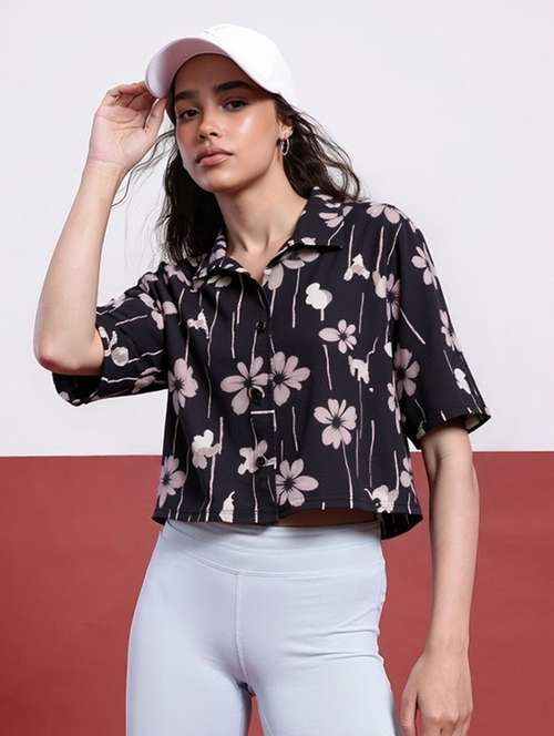 women printed collared short sleeve crop shirt - 21983459 -  Standard Image - 0