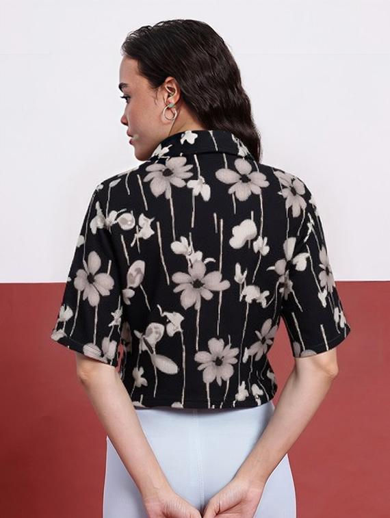 women printed collared short sleeve crop shirt - 21983459 - Standard Image - 2