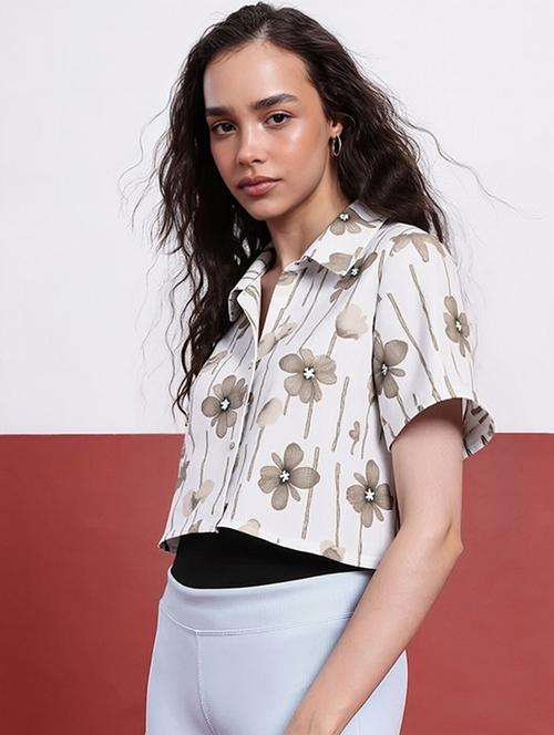 women printed collared short sleeve crop shirt - 21983468 - Standard Image - 0