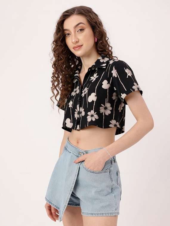 women printed collared short sleeve crop shirt - 21983477 - Standard Image - 2