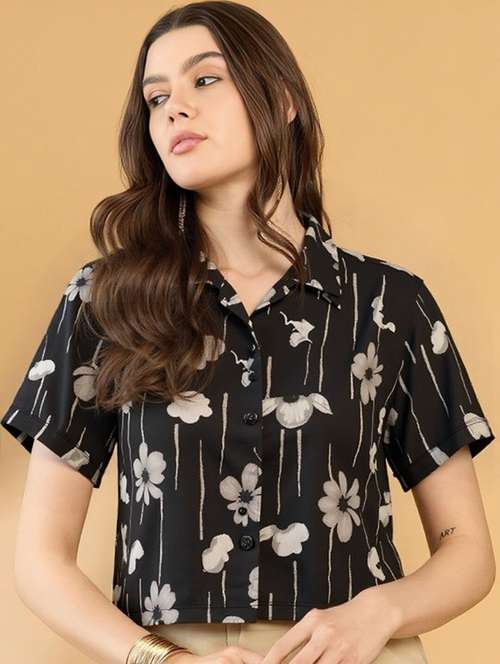 women printed collared short sleeve crop shirt - 21983479 -  Standard Image - 0