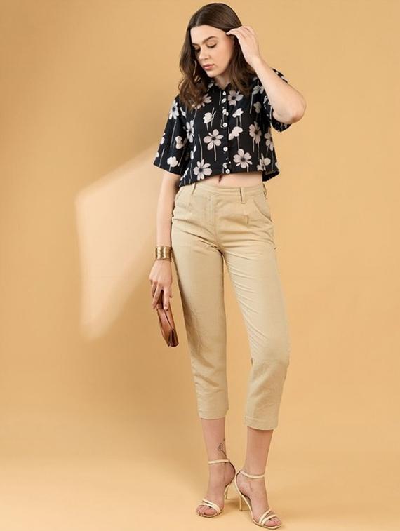women printed collared short sleeve crop shirt - 21983479 - Standard Image - 2