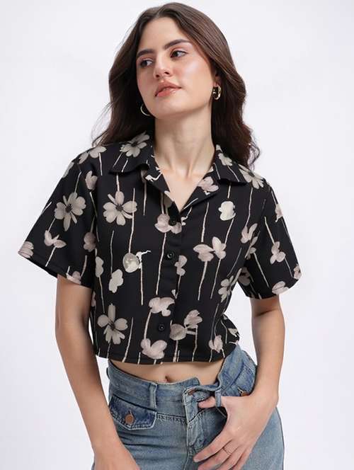 women printed collared short sleeve crop shirt - 21983483 -  Standard Image - 0