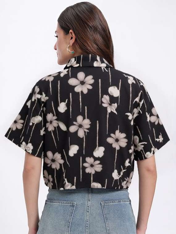 women printed collared short sleeve crop shirt - 21983483 - Standard Image - 2