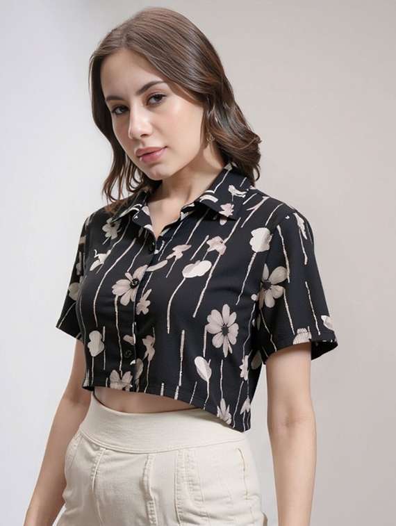 women printed collared short sleeve crop shirt - 21983487 - Zoom Image - 0