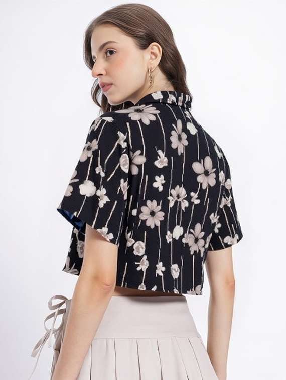 women printed collared short sleeve crop shirt - 21983487 - Standard Image - 2
