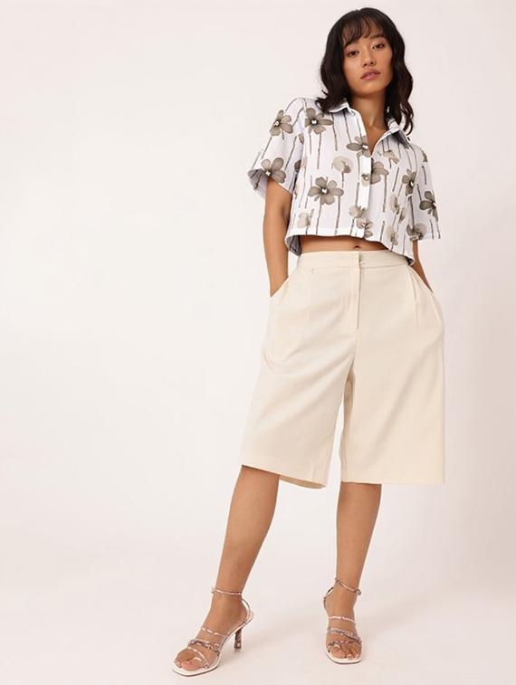 women printed collared short sleeve crop shirt - 21983490 - Standard Image - 2