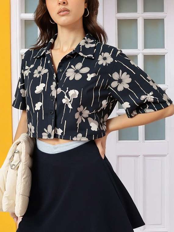 women printed collared short sleeve crop shirt - 21983491 - Standard Image - 2