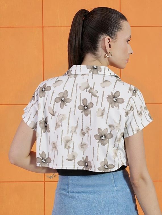 women printed collared short sleeve crop shirt - 21983492 - Standard Image - 2