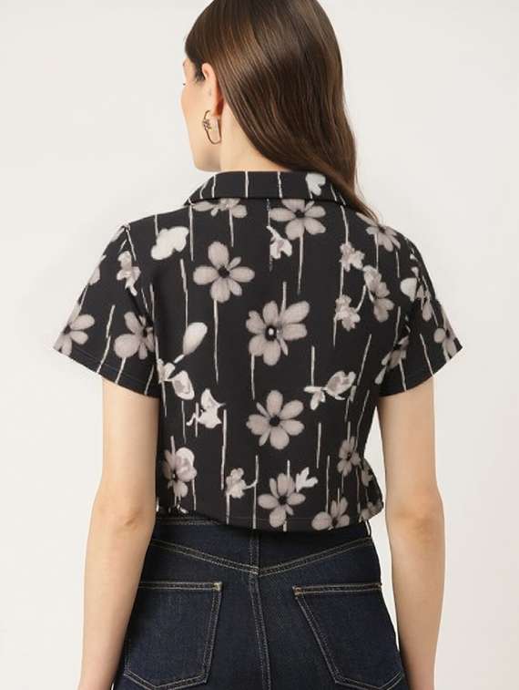 women printed collared short sleeve crop shirt - 21983493 - Standard Image - 2