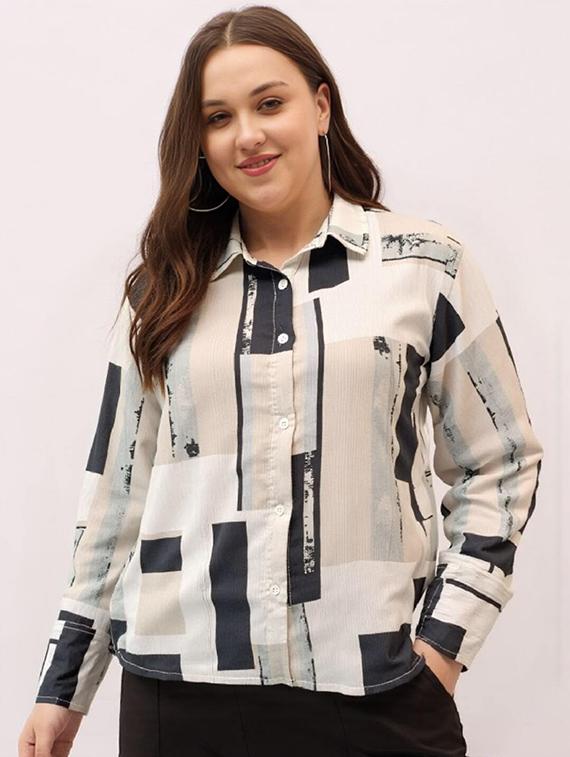 women plus size printed long sleeve collared shirt