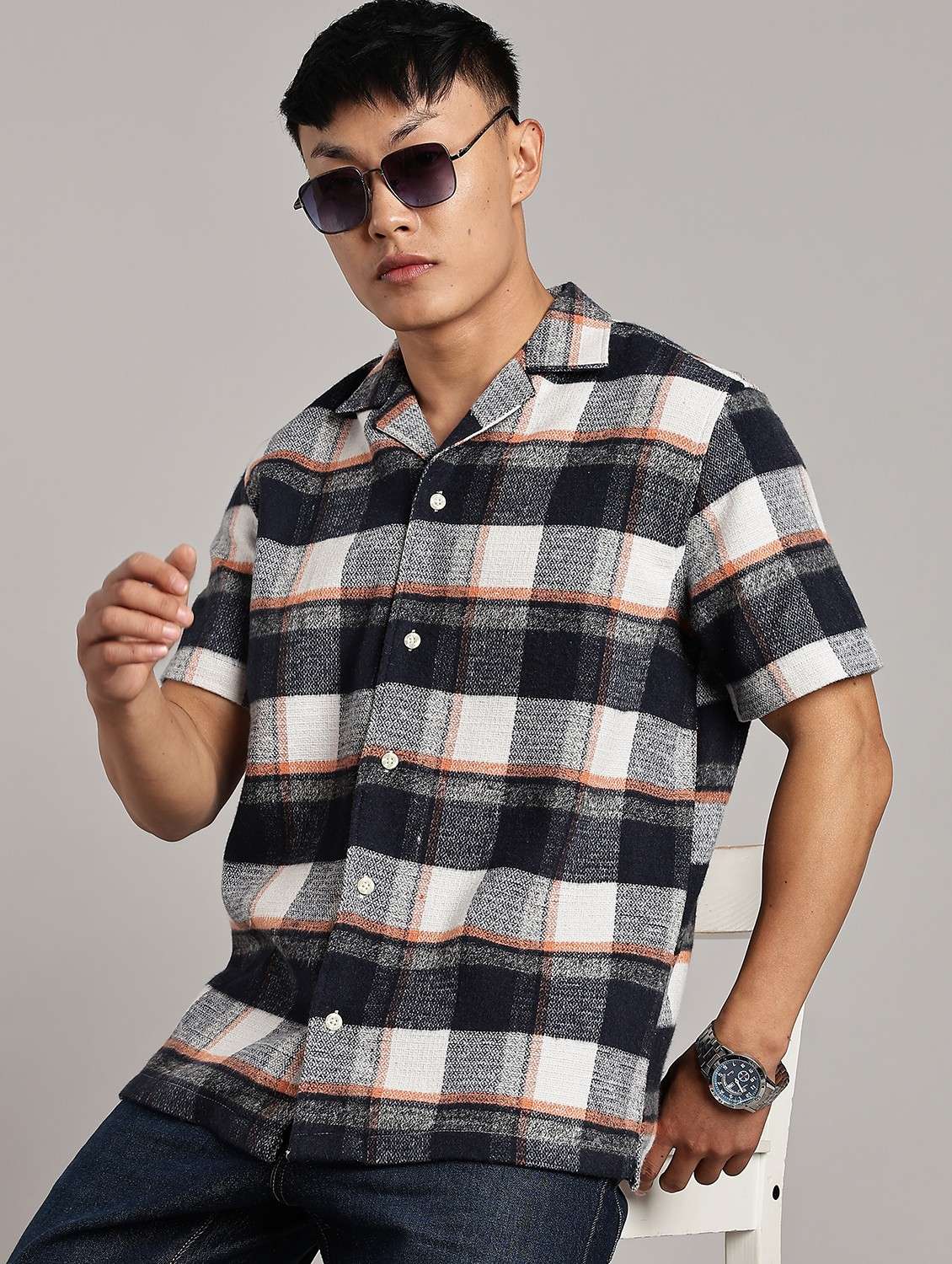 men checkered short sleeve loose fit casual shirt - 21983507 - Zoom Image - 0