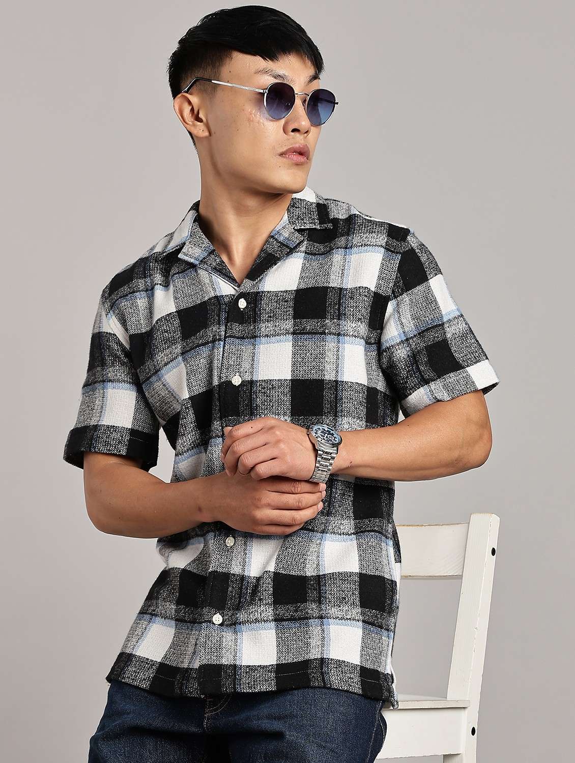 men checkered short sleeve loose fit casual shirt