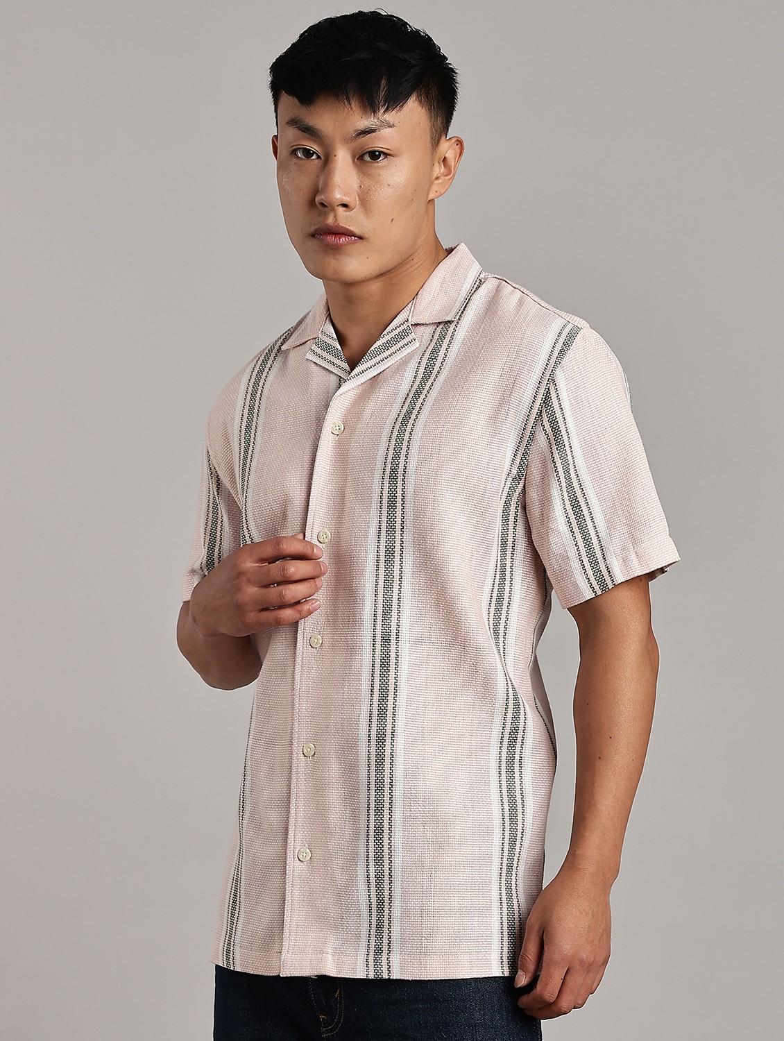 men striped short sleeve loose fit casual shirt - 21983510 - Standard Image - 2