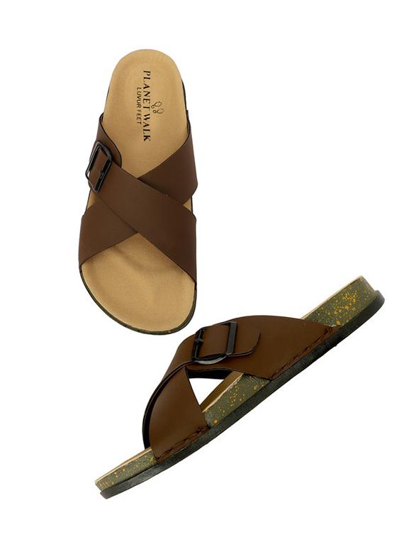 men brown buckled slip on sandal - 21984440 - Standard Image - 2