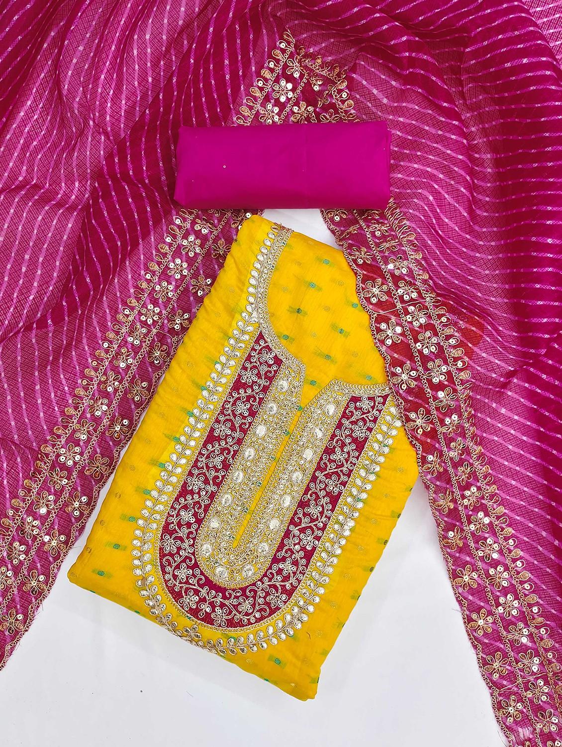 yellow cotton blend unstitched suit - 21984473 - Standard Image - 2