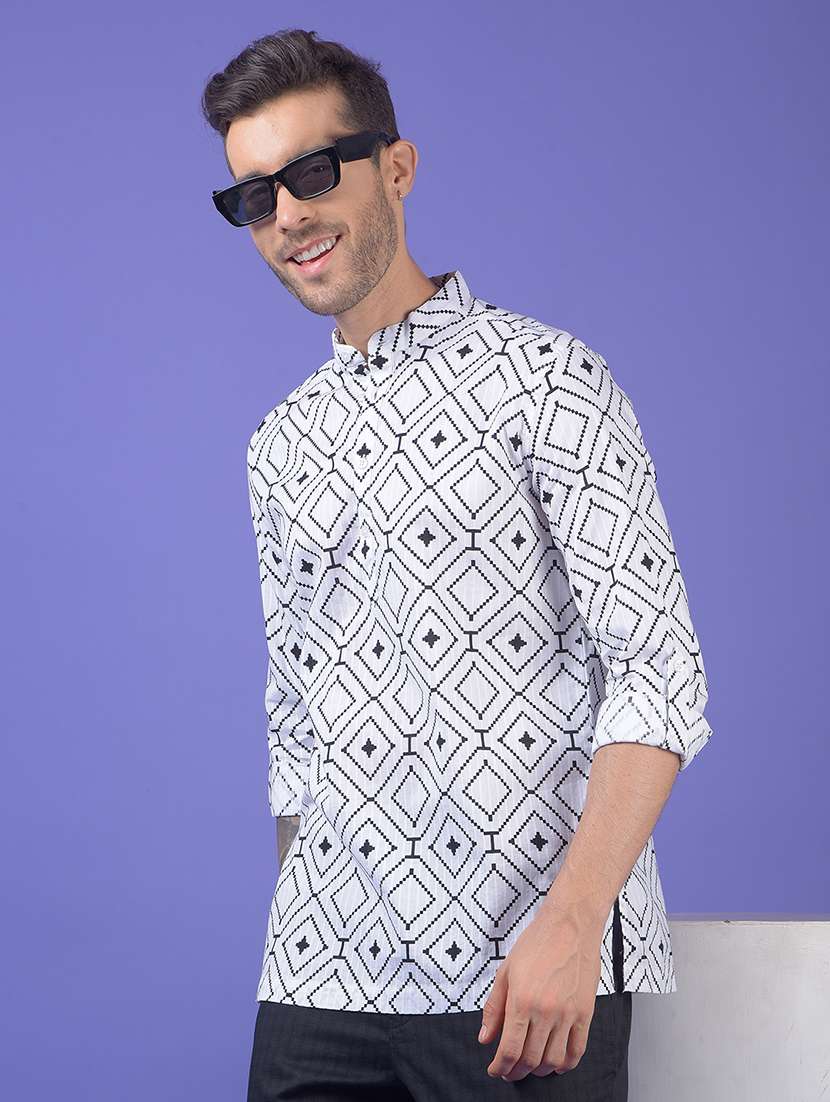 men printed mandarin neck short kurta