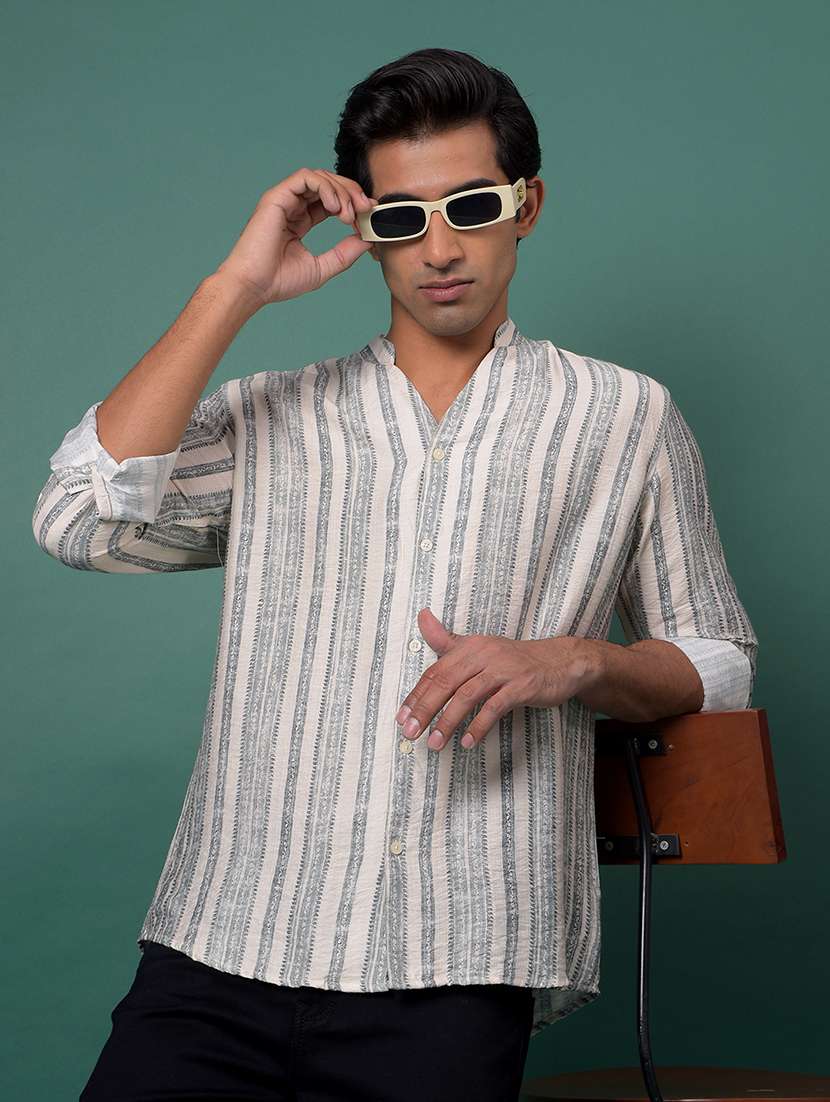 men striped mandarin neck short kurta - 21984557 -  Zoom Image - 0