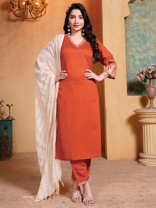 orange art silk kurta pant set - 21984566 - Standard Image - 0