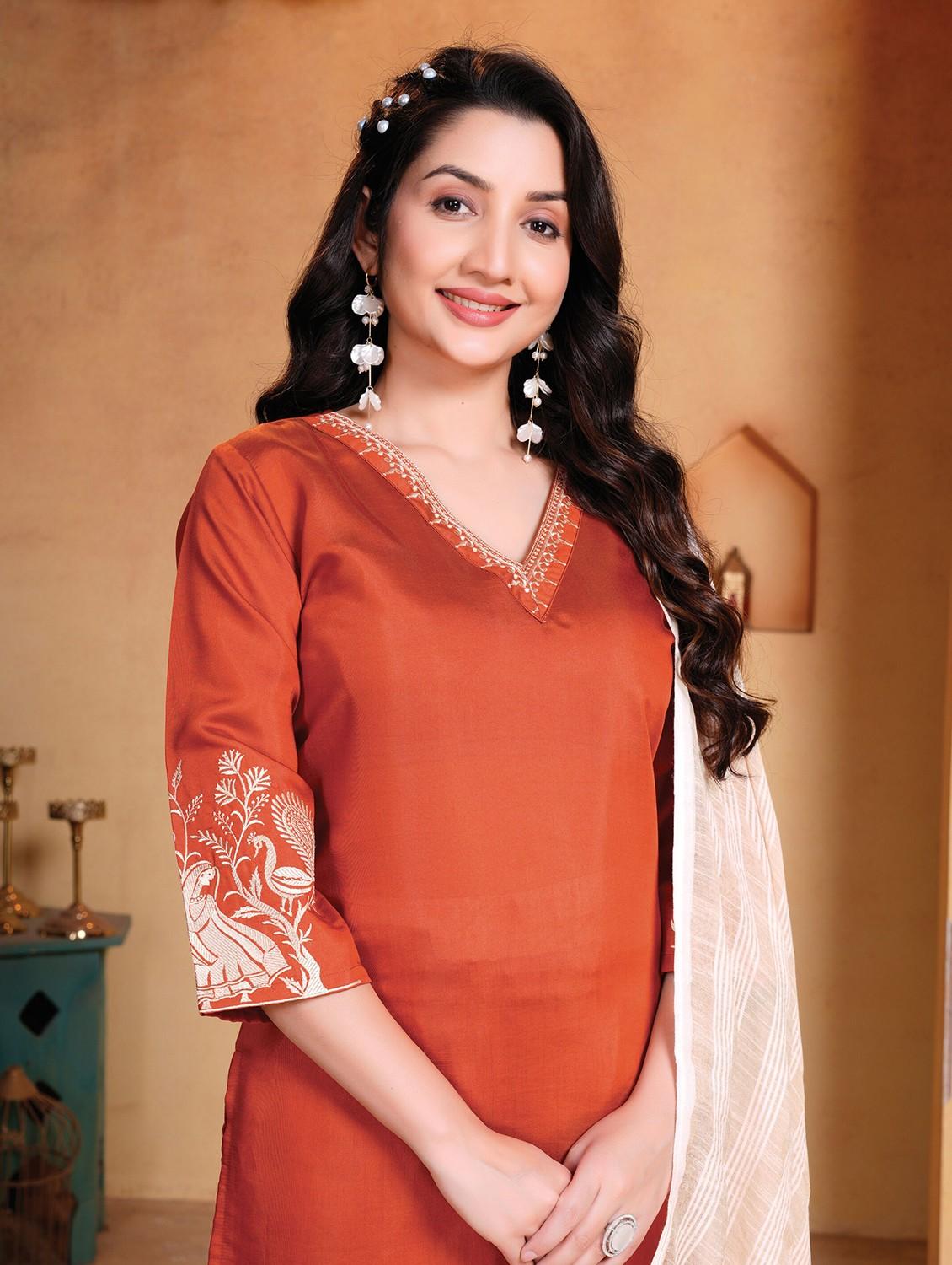 orange art silk kurta pant set - 21984566 - Standard Image - 2
