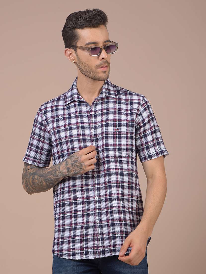 men checkered short sleeve regular fit casual shirt