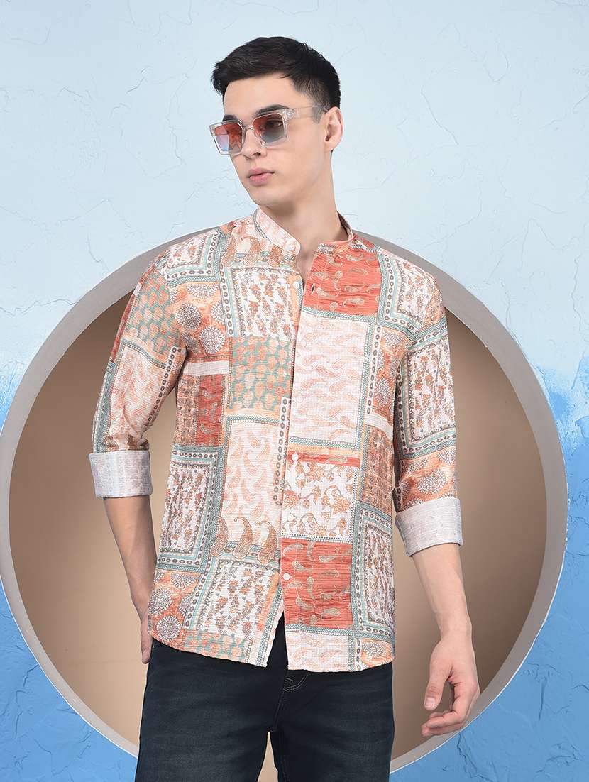men printed long sleeve slim fit casual shirt