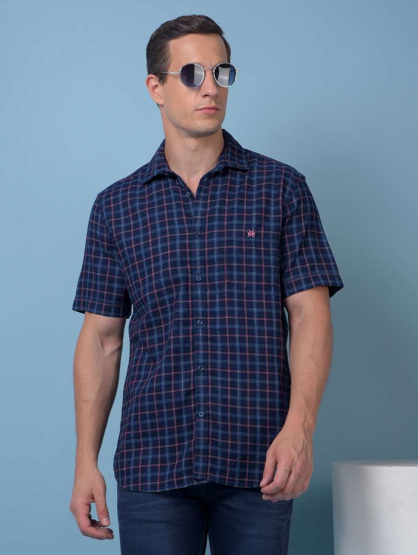 men checkered short sleeve slim fit casual shirt