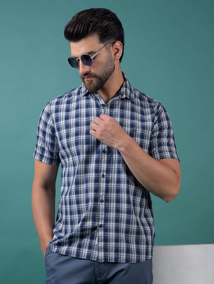 men checkered short sleeve slim fit casual shirt
