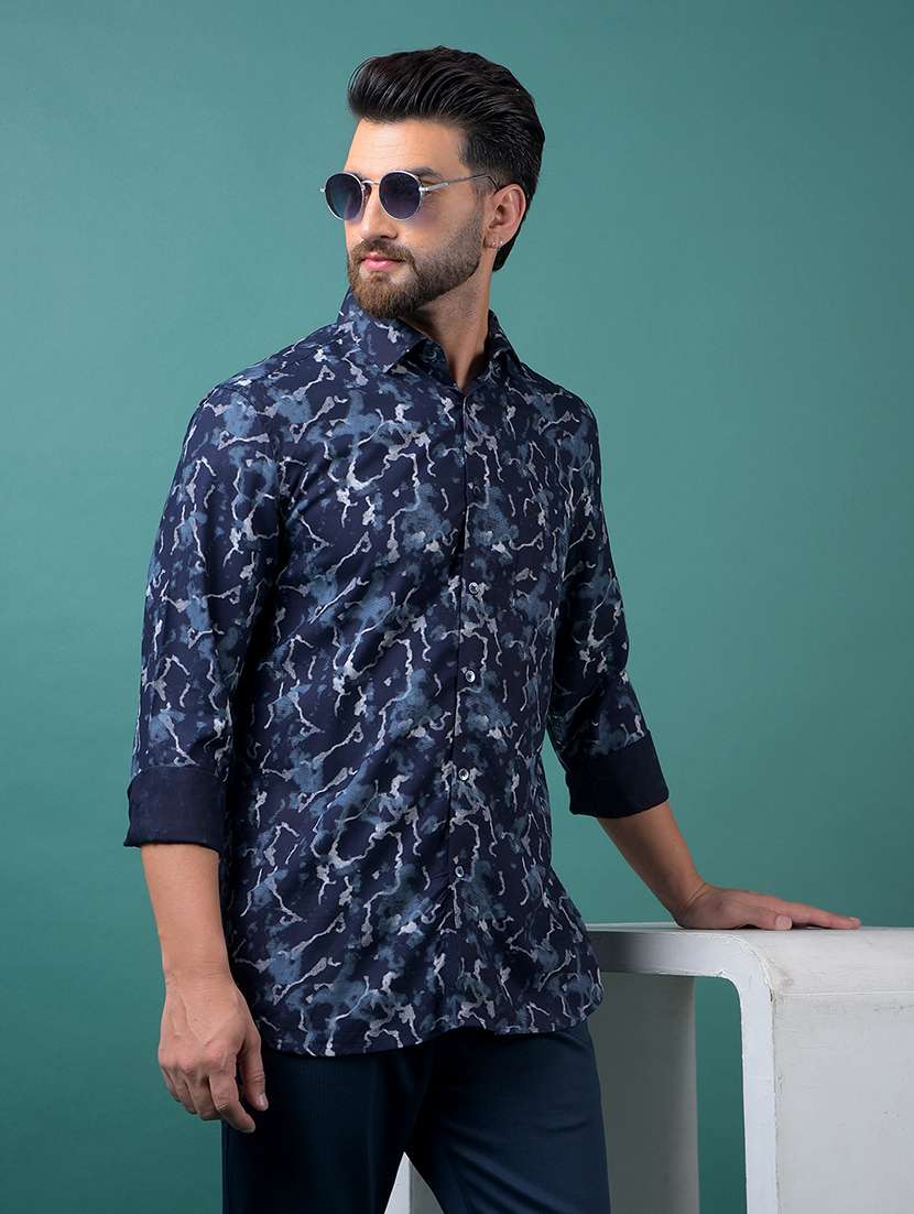 men printed long sleeve slim fit casual shirt
