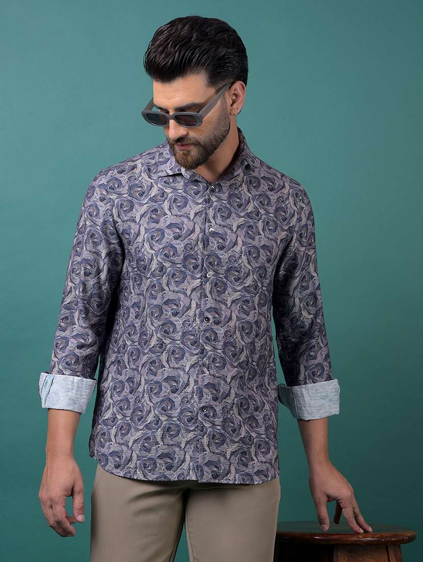 men floral printed long sleeve slim fit casual shirt
