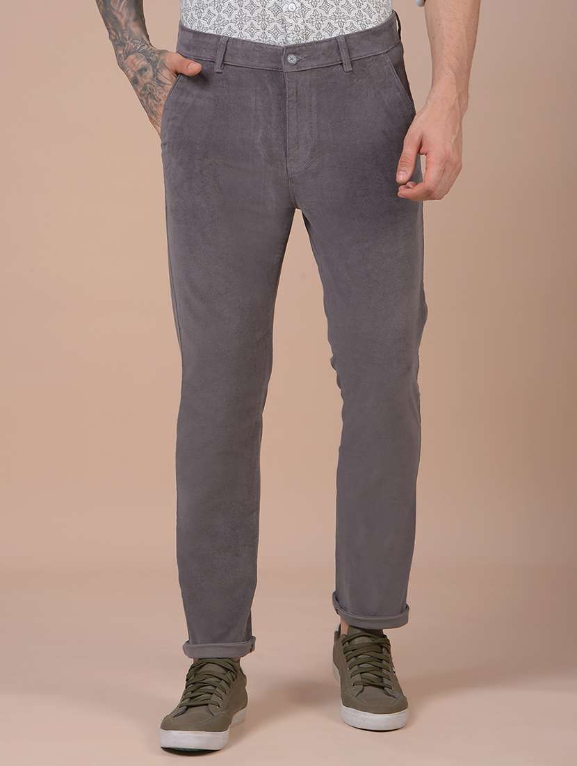 men solid mid rise slim fit corduroy trouser