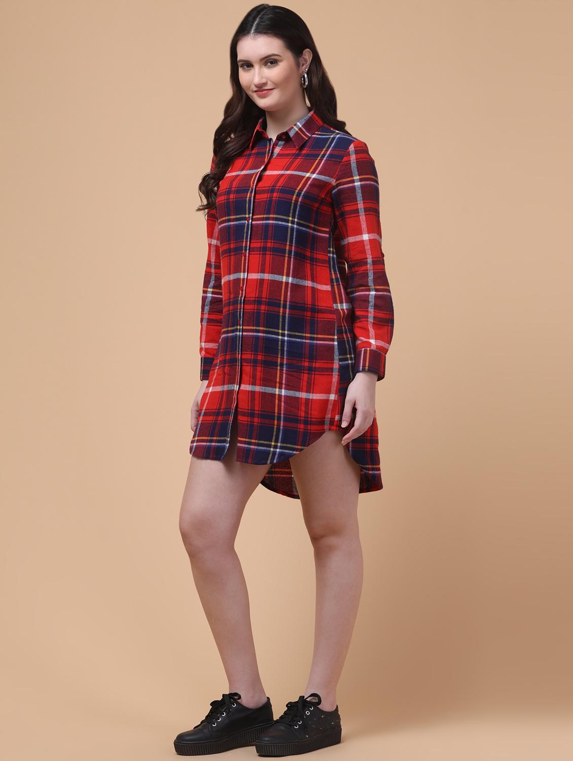 women checkered collared high low shirt dress - 21985375 - Standard Image - 2