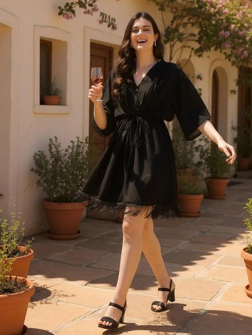 women black solid batwing sleeve fit & flare dress - 21985377 - Standard Image - 0