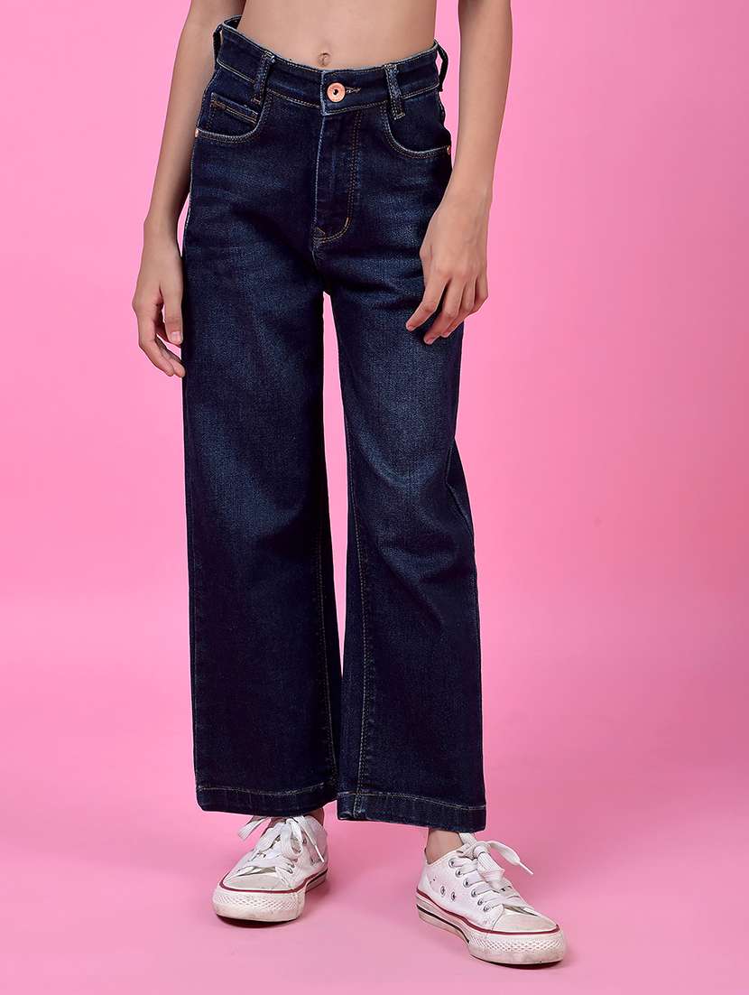girls solid high rise wide leg jeans