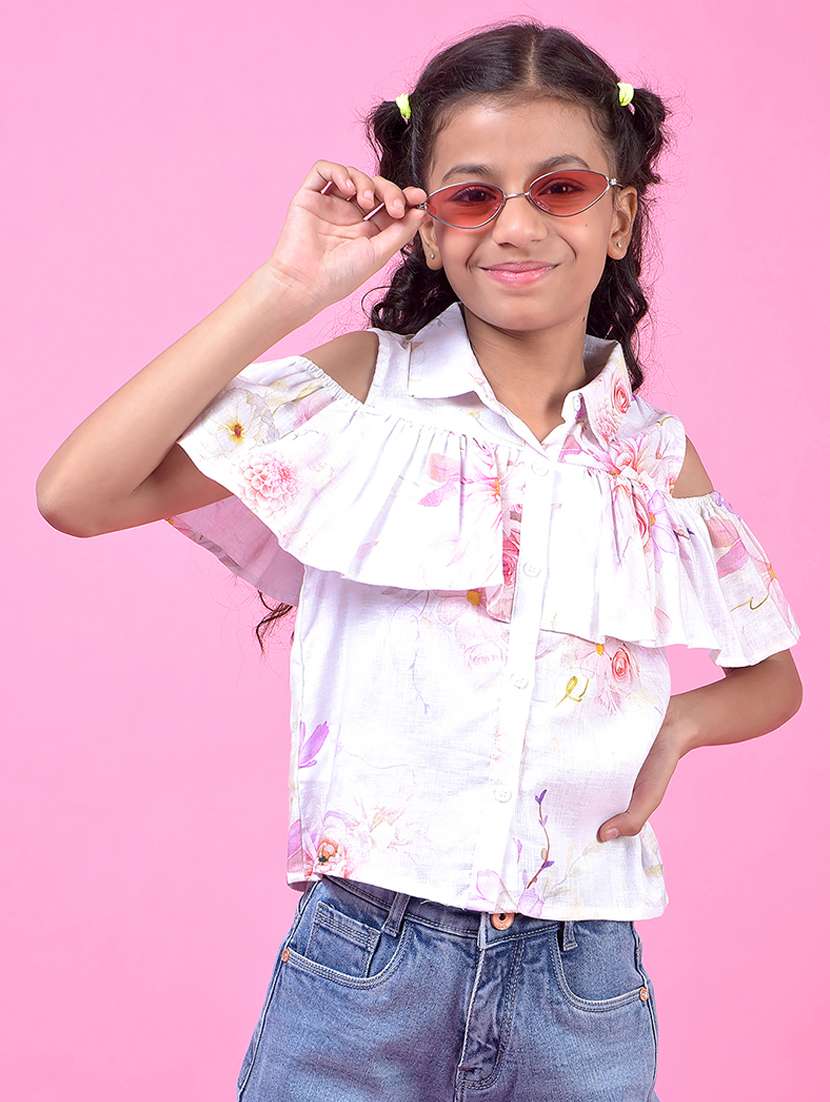 girls floral printed collared shirt style top
